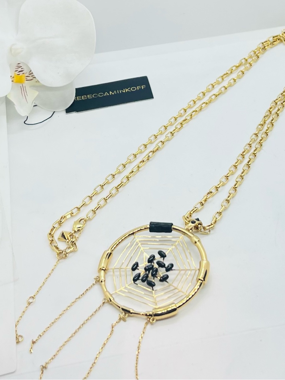 NWOT Rebecca Minkoff Dream Catcher Onyx Black Beads  Gold Necklace, Length 16”